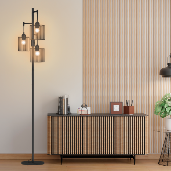 英国製 3灯フロアランプ、リビングルーム用調光可能な金属ランプシェード